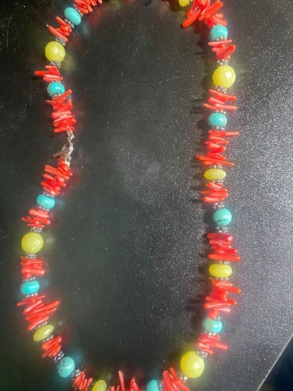 Red Coral Branch Turquoise Yellow Beaded Choker Necklace Southwest Boho